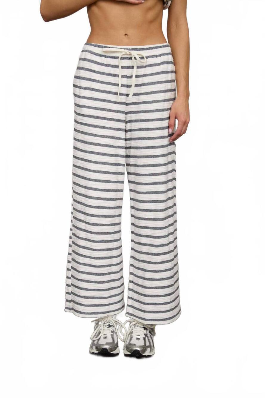 NEW JOA stripe drawstring wide leg knit lounge pants in navy